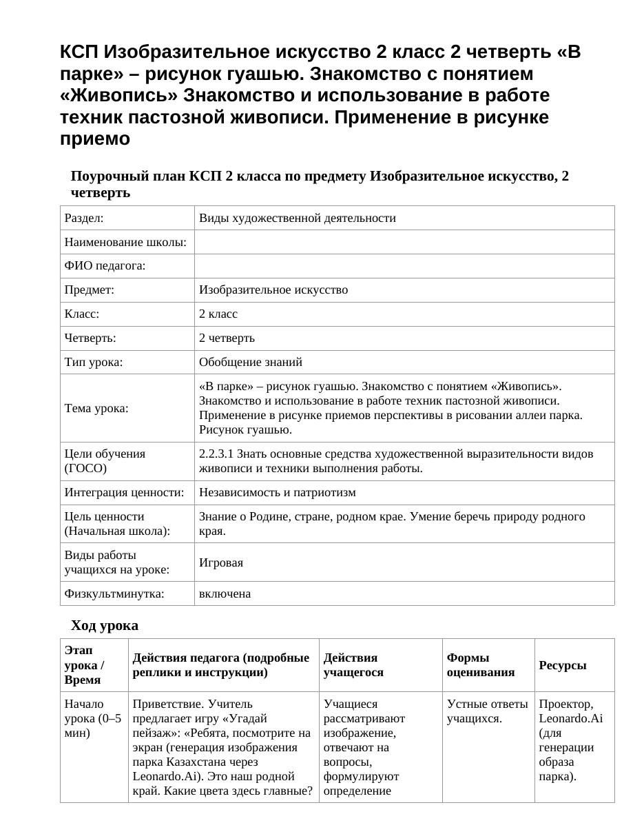 КСП Изобразительное искусство 2 класс 2 четверть «В парке» – рисунок гуашью. Знакомство с понятием «Живопись» Знакомство и использование в работе техник пастозной живописи. Применение в рисунке приемо