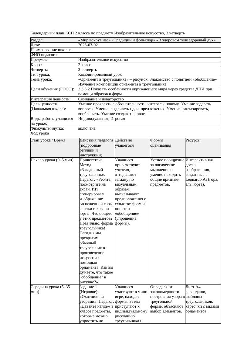 КСП Изобразительное искусство 2класс 3 четверть Орнамент в треугольнике