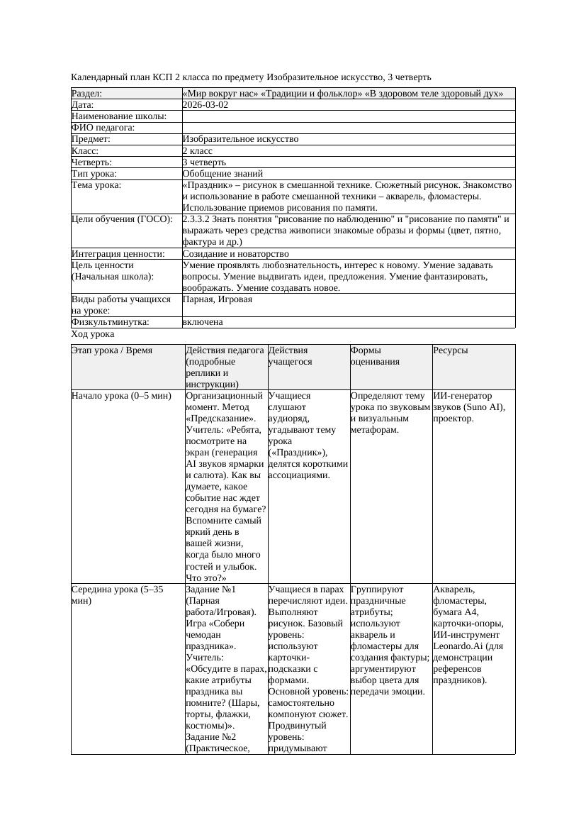 КСП Изобразительное искусство 2класс 3 четверть Праздник рисунок