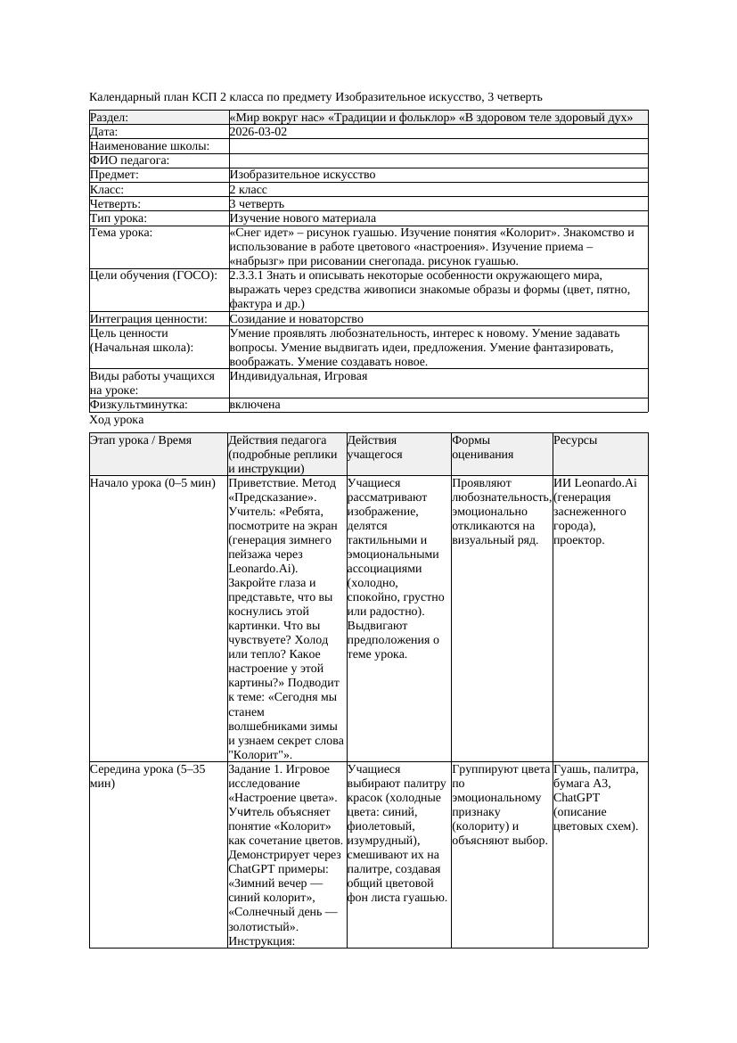 КСП Изобразительное искусство 2класс 3 четверть Снег идет рисунок