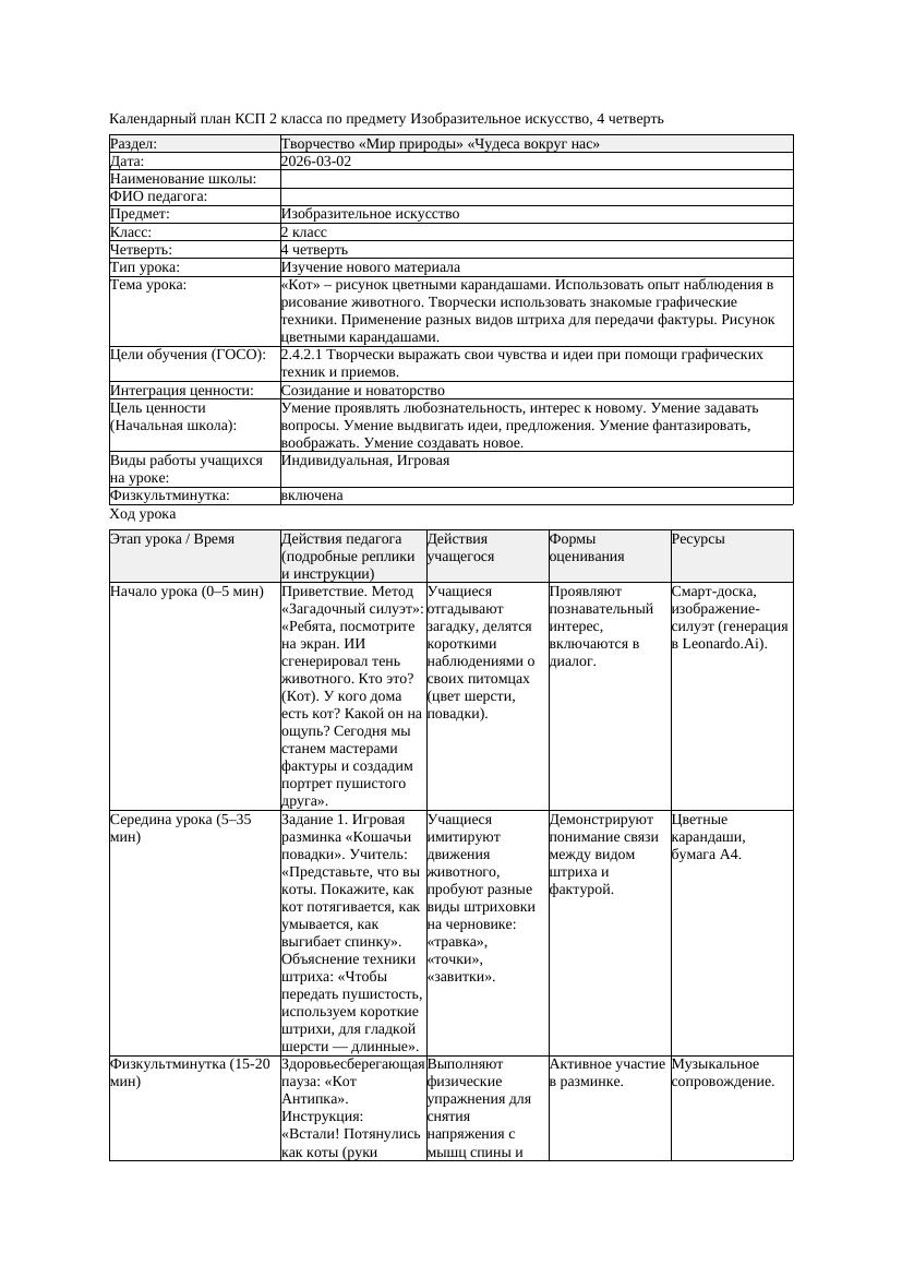 КСП Изобразительное искусство 2класс 4 четверть Кот рисунок цветными