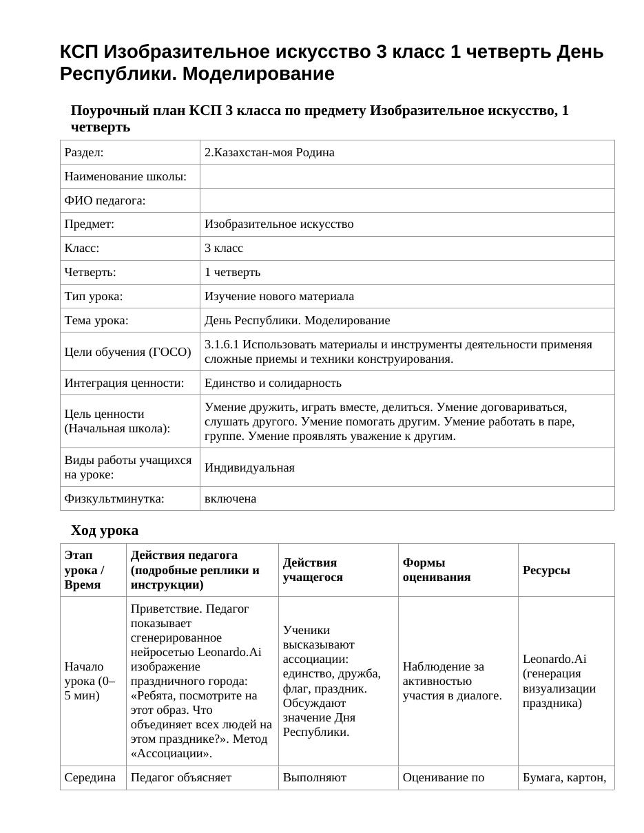 КСП Изобразительное искусство 3 класс 1 четверть День Республики. Моделирование