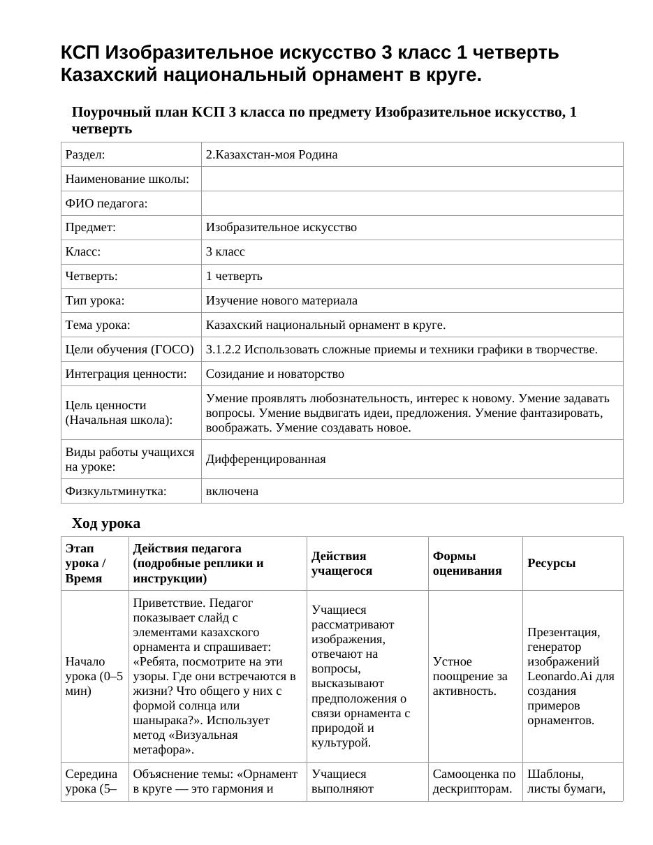 КСП Изобразительное искусство 3 класс 1 четверть Казахский национальный орнамент в круге.
