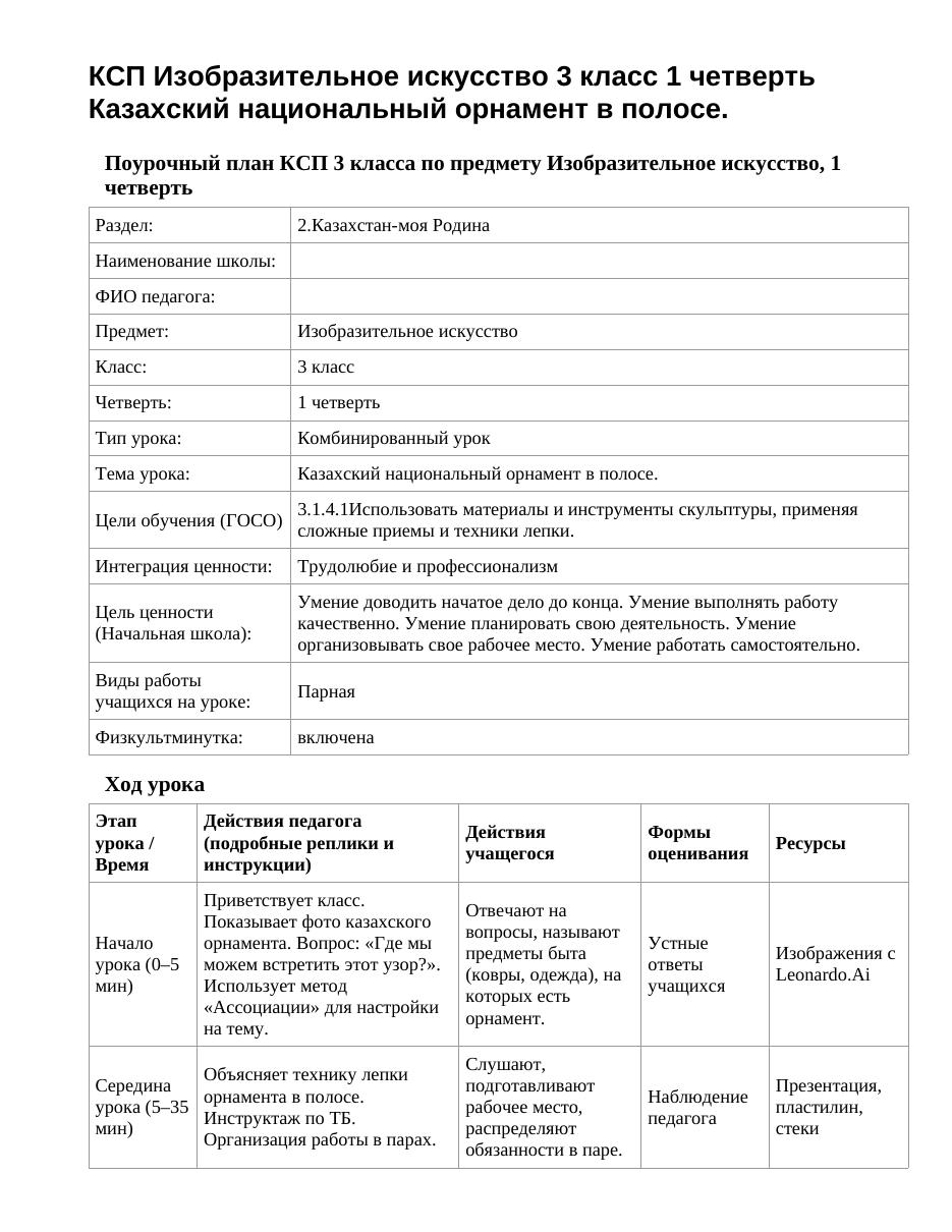 КСП Изобразительное искусство 3 класс 1 четверть Казахский национальный орнамент в полосе.