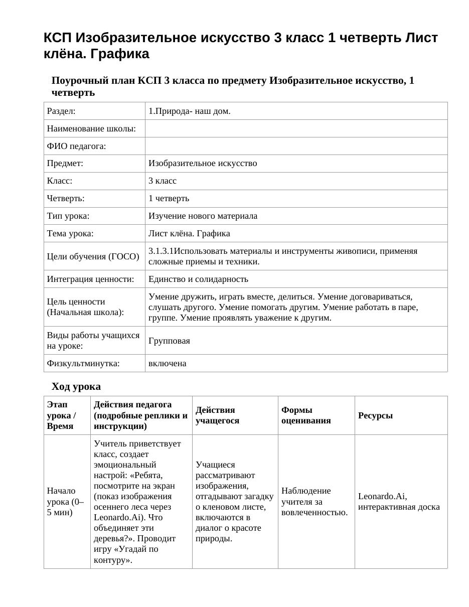 КСП Изобразительное искусство 3 класс 1 четверть Лист клёна. Графика