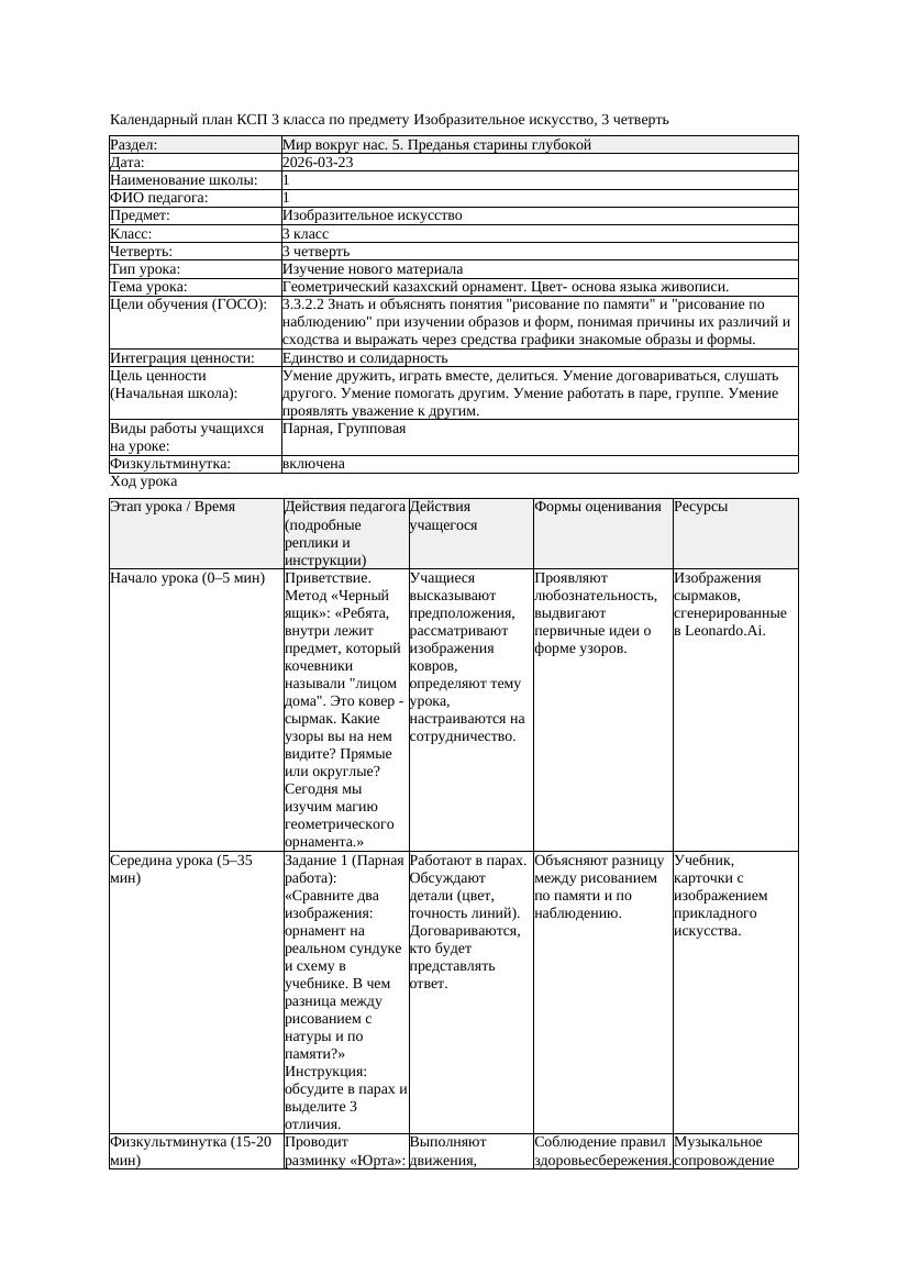 КСП Изобразительное искусство 3класс 3 четверть Геометрический казахский