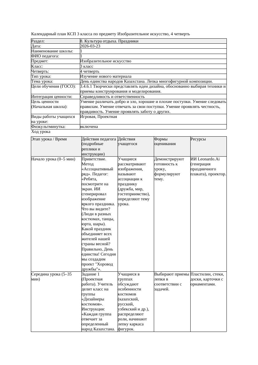 КСП Изобразительное искусство 3класс 4 четверть День единства народов