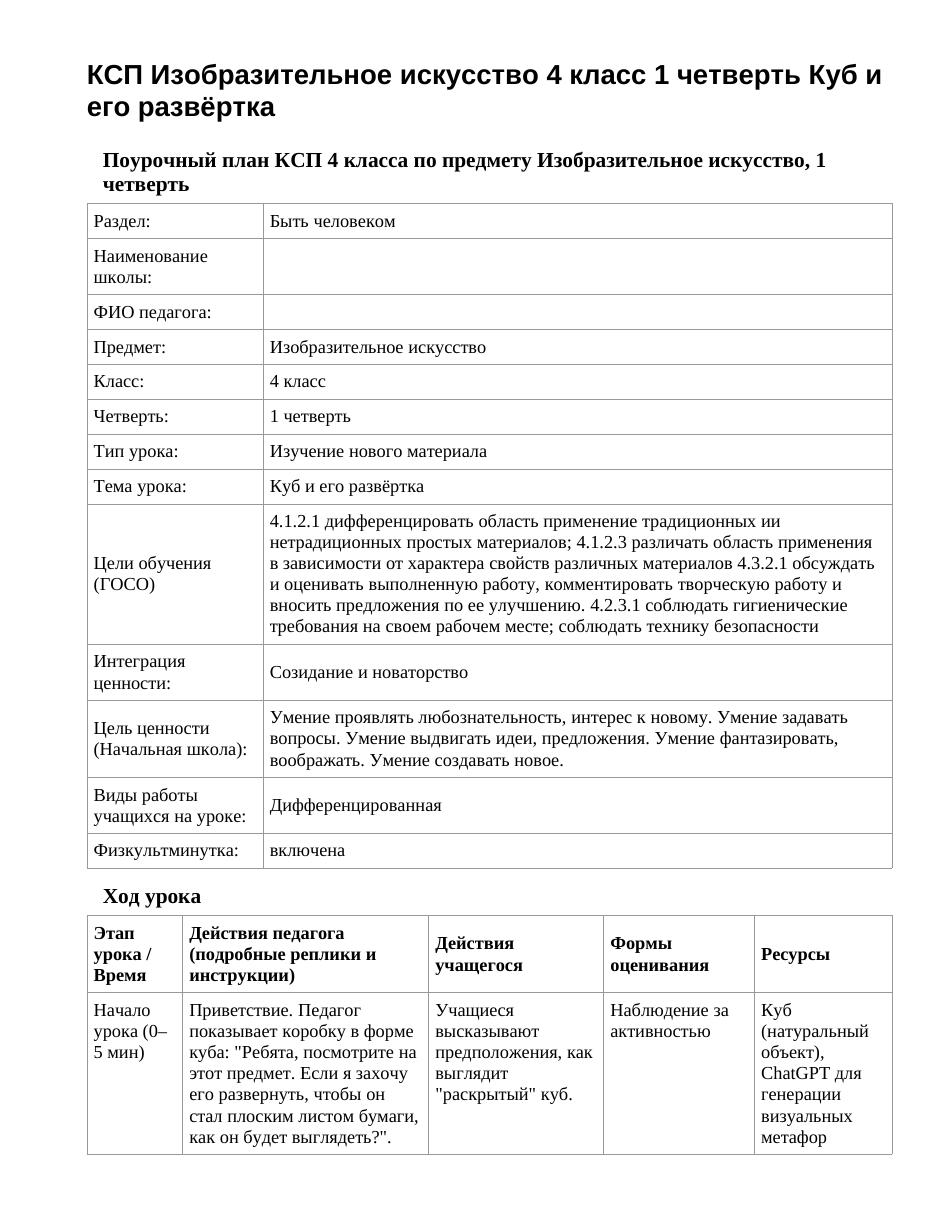 КСП Изобразительное искусство 4 класс 1 четверть Куб и его развёртка