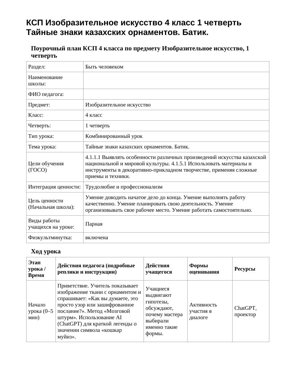 КСП Изобразительное искусство 4 класс 1 четверть Тайные знаки казахских орнаментов. Батик.