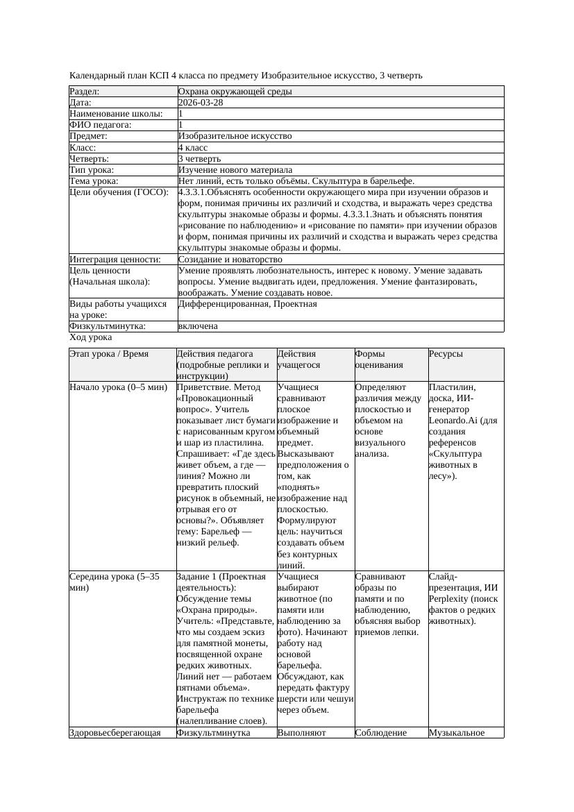 КСП Изобразительное искусство 4класс 3 четверть Нет линий есть только