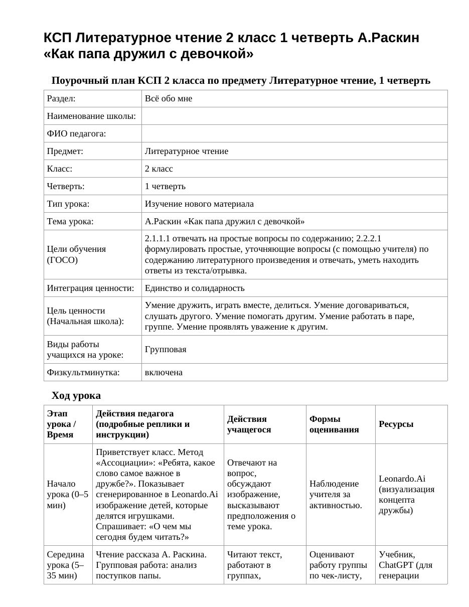 КСП Литературное чтение 2 класс 1 четверть А.Раскин «Как папа дружил с девочкой»