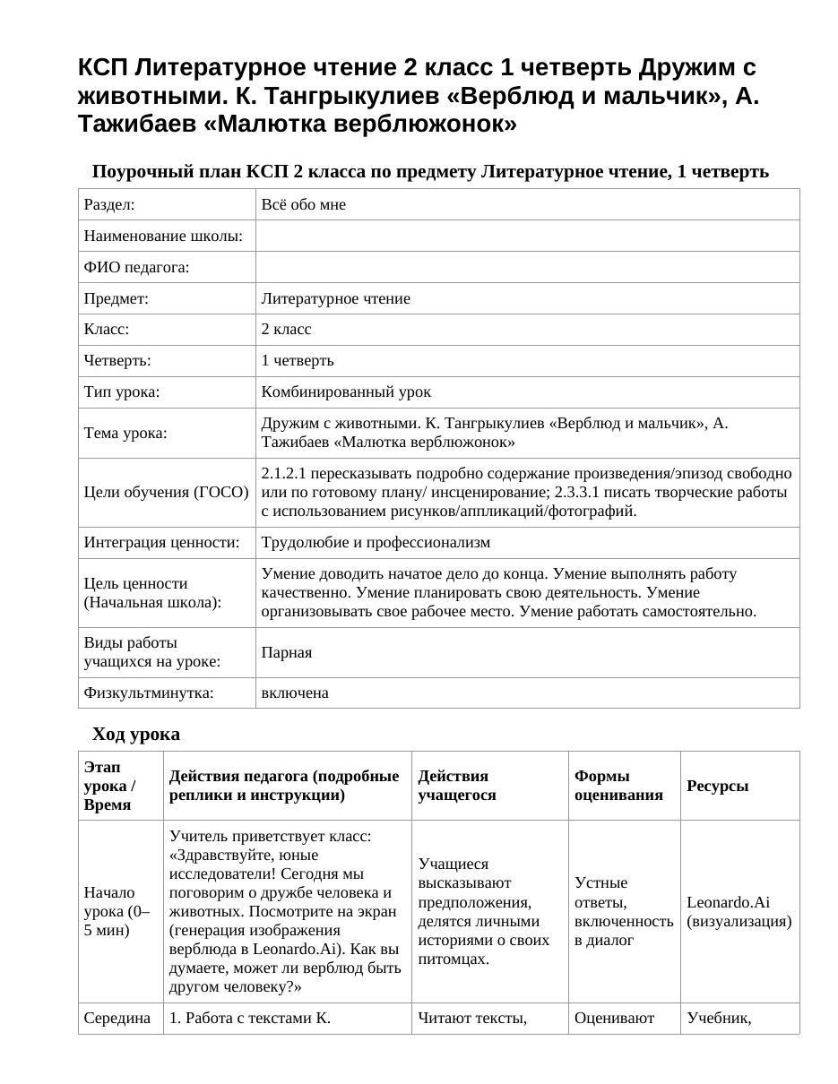 КСП Литературное чтение 2 класс 1 четверть Дружим с животными. К. Тангрыкулиев «Верблюд и мальчик», А. Тажибаев «Малютка верблюжонок»