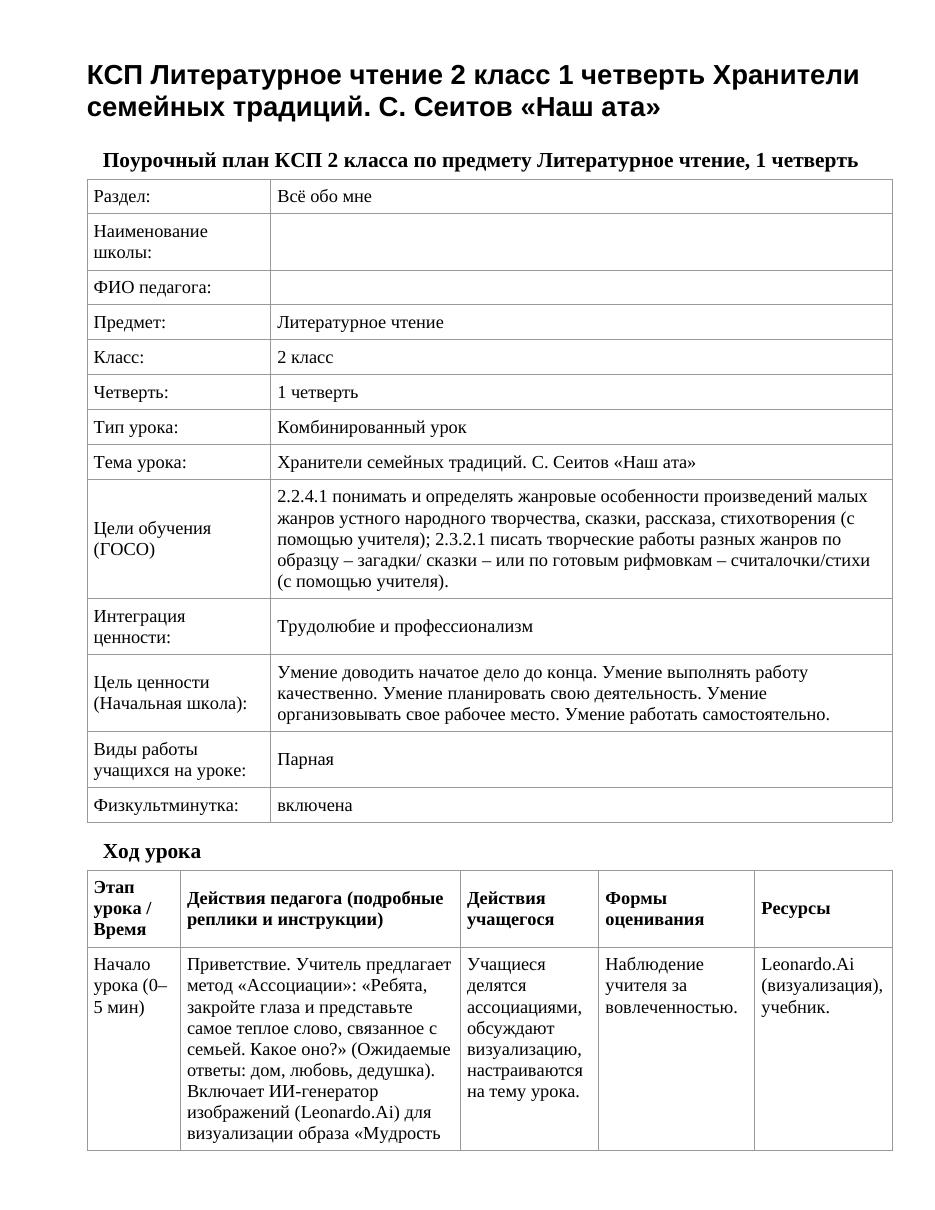 КСП Литературное чтение 2 класс 1 четверть Хранители семейных традиций. С. Сеитов «Наш ата»