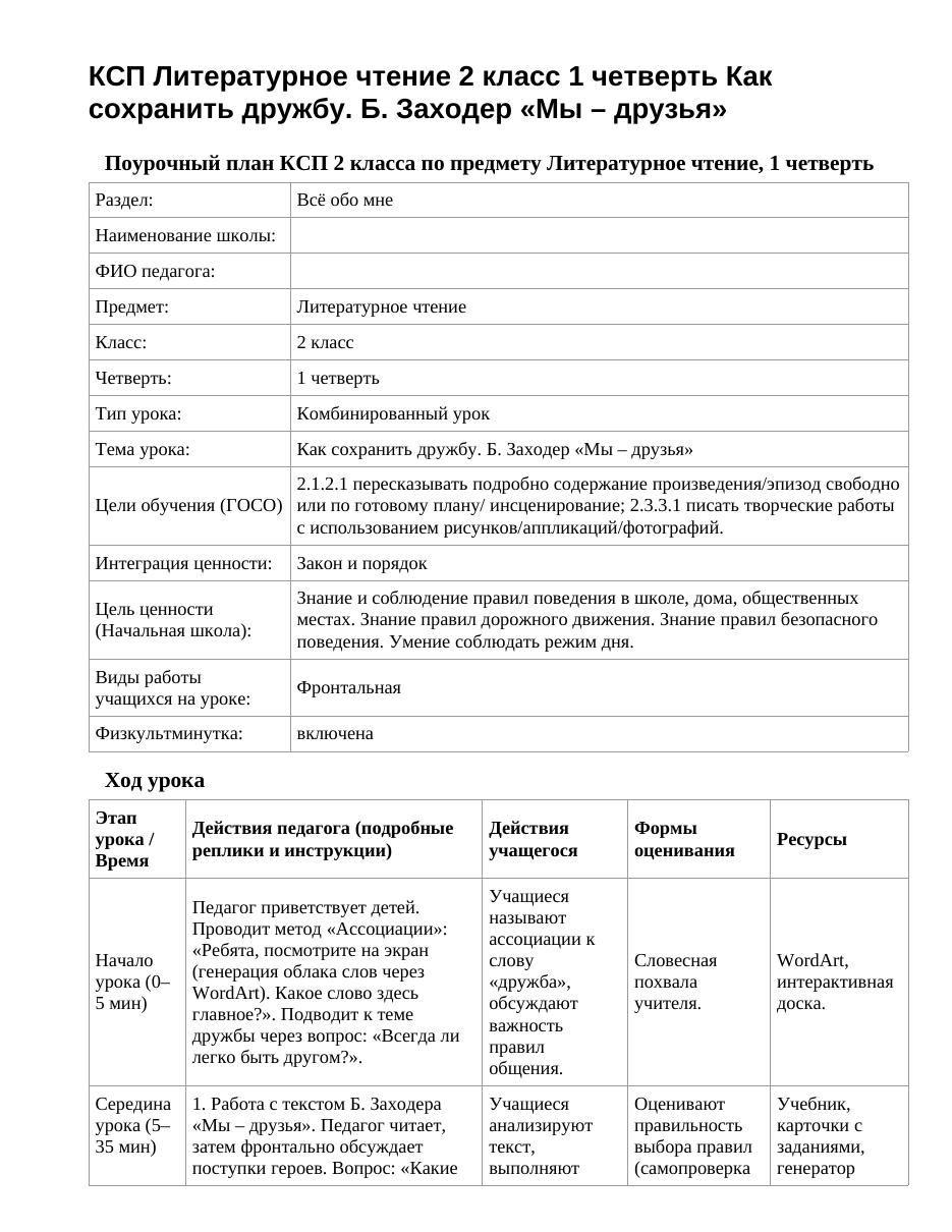 КСП Литературное чтение 2 класс 1 четверть Как сохранить дружбу. Б. Заходер «Мы – друзья»