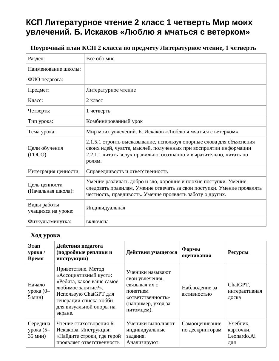 КСП Литературное чтение 2 класс 1 четверть Мир моих увлечений. Б. Искаков «Люблю я мчаться с ветерком»