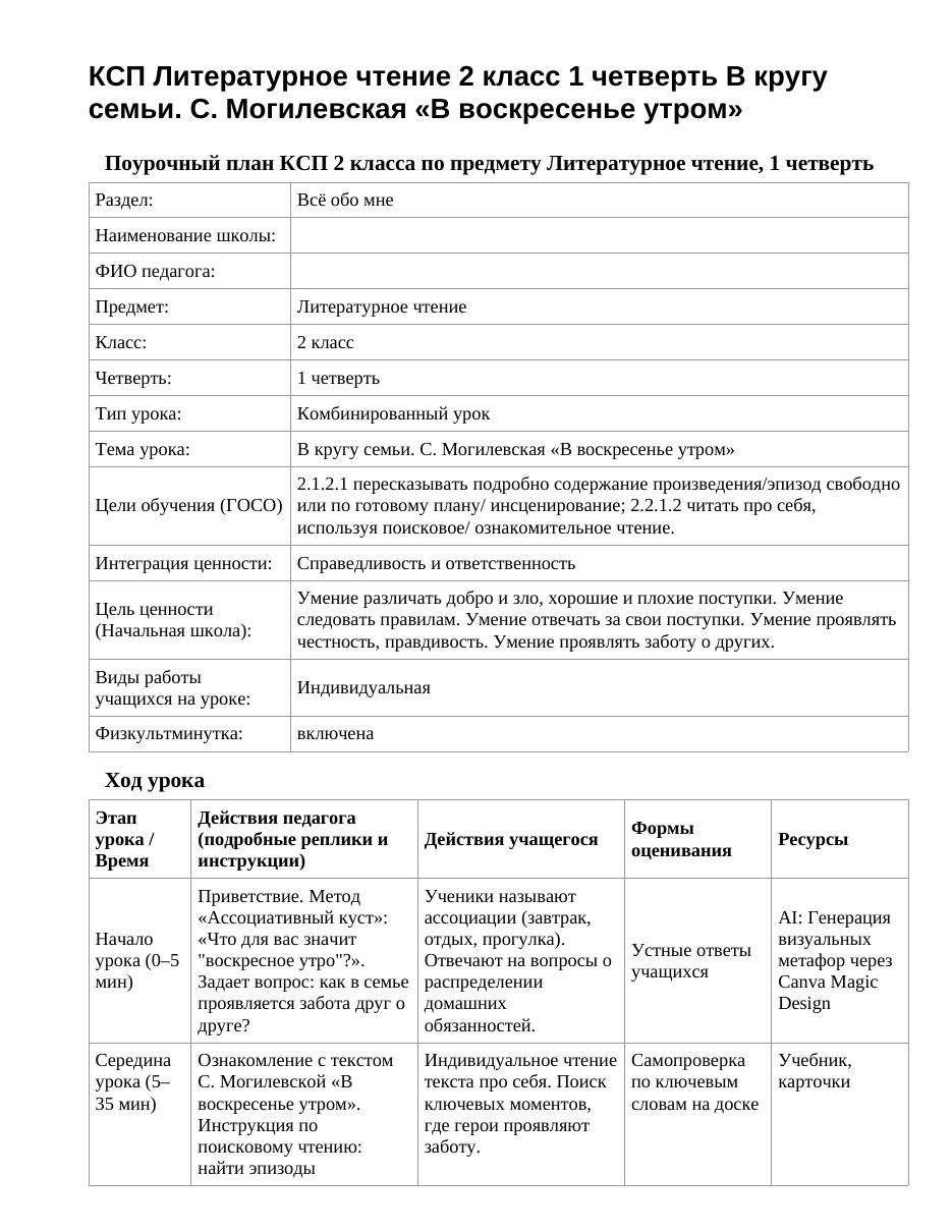 КСП Литературное чтение 2 класс 1 четверть В кругу семьи. С. Могилевская «В воскресенье утром»