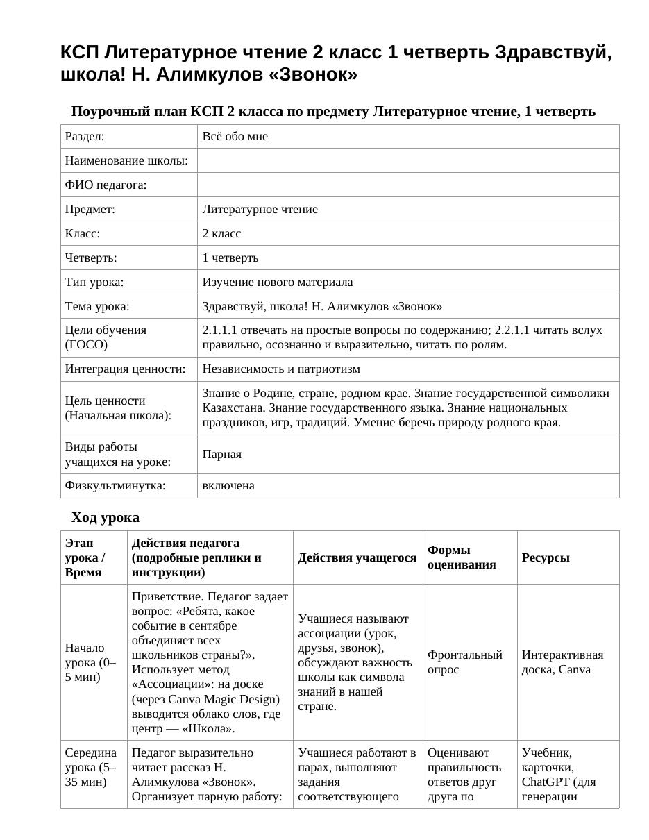 КСП Литературное чтение 2 класс 1 четверть Здравствуй, школа! Н. Алимкулов «Звонок»