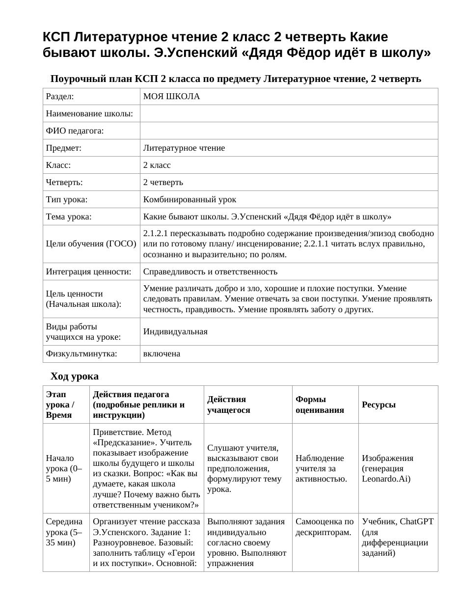 КСП Литературное чтение 2 класс 2 четверть Какие бывают школы. Э.Успенский «Дядя Фёдор идёт в школу»