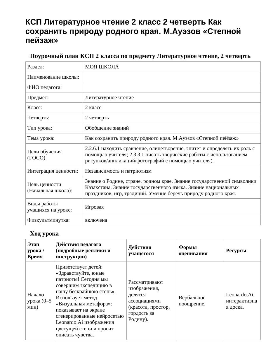 КСП Литературное чтение 2 класс 2 четверть Как сохранить природу родного края. М.Ауэзов «Степной пейзаж»