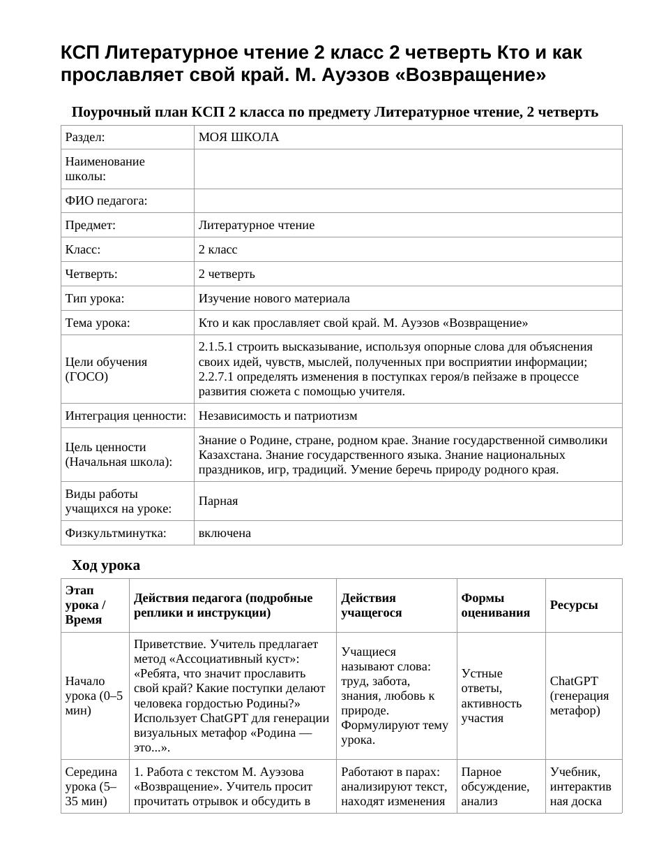 КСП Литературное чтение 2 класс 2 четверть Кто и как прославляет свой край. М. Ауэзов «Возвращение»