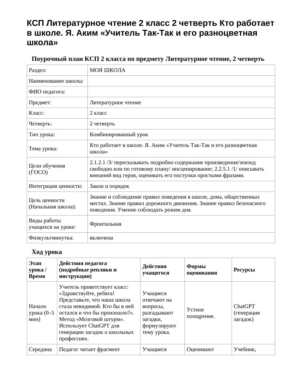КСП Литературное чтение 2 класс 2 четверть Кто работает в школе. Я. Аким «Учитель Так-Так и его разноцветная школа»