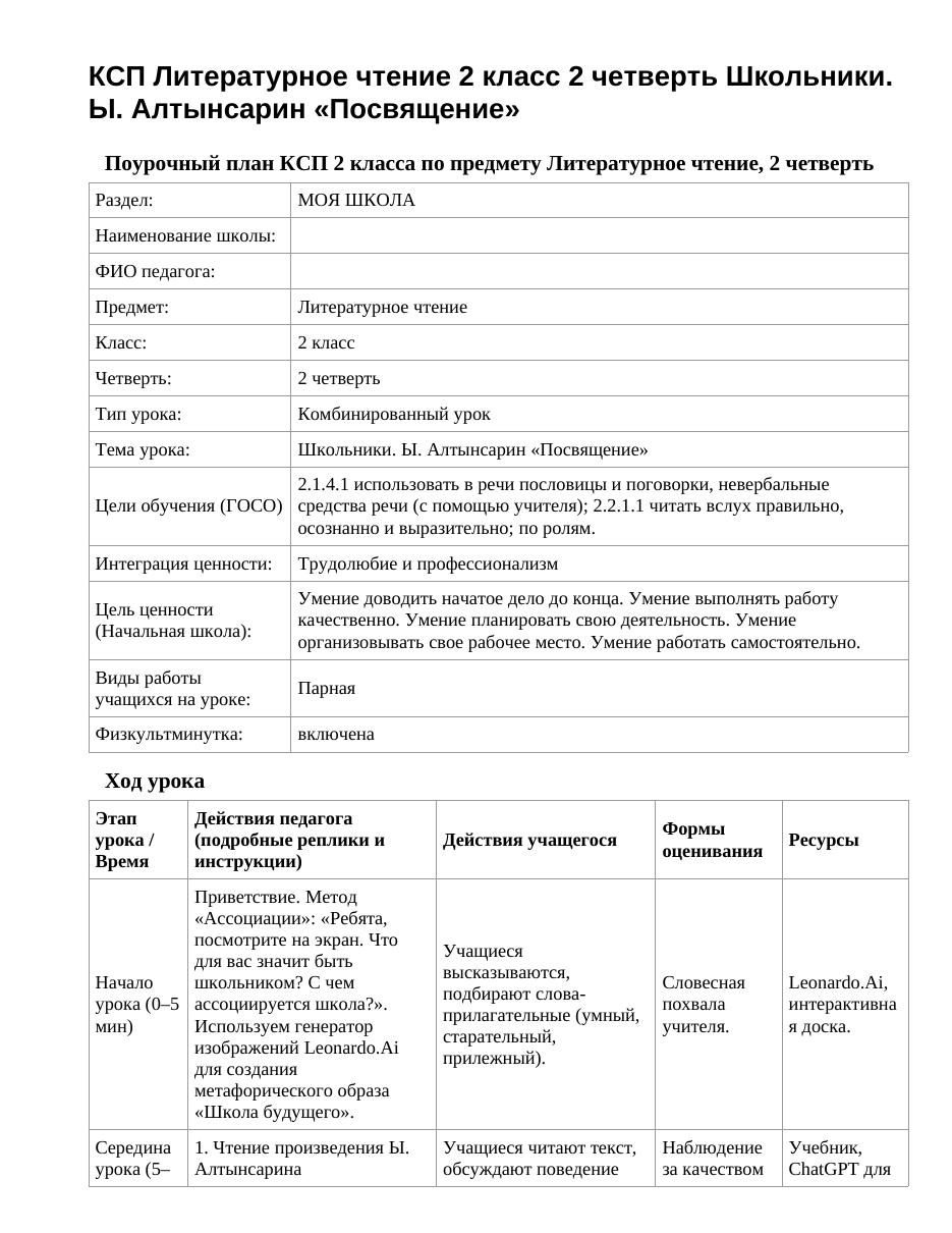 КСП Литературное чтение 2 класс 2 четверть Школьники. Ы. Алтынсарин «Посвящение»