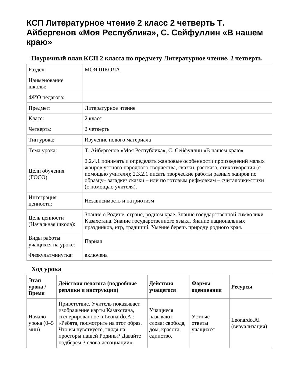 КСП Литературное чтение 2 класс 2 четверть Т. Айбергенов «Моя Республика», С. Сейфуллин «В нашем краю»