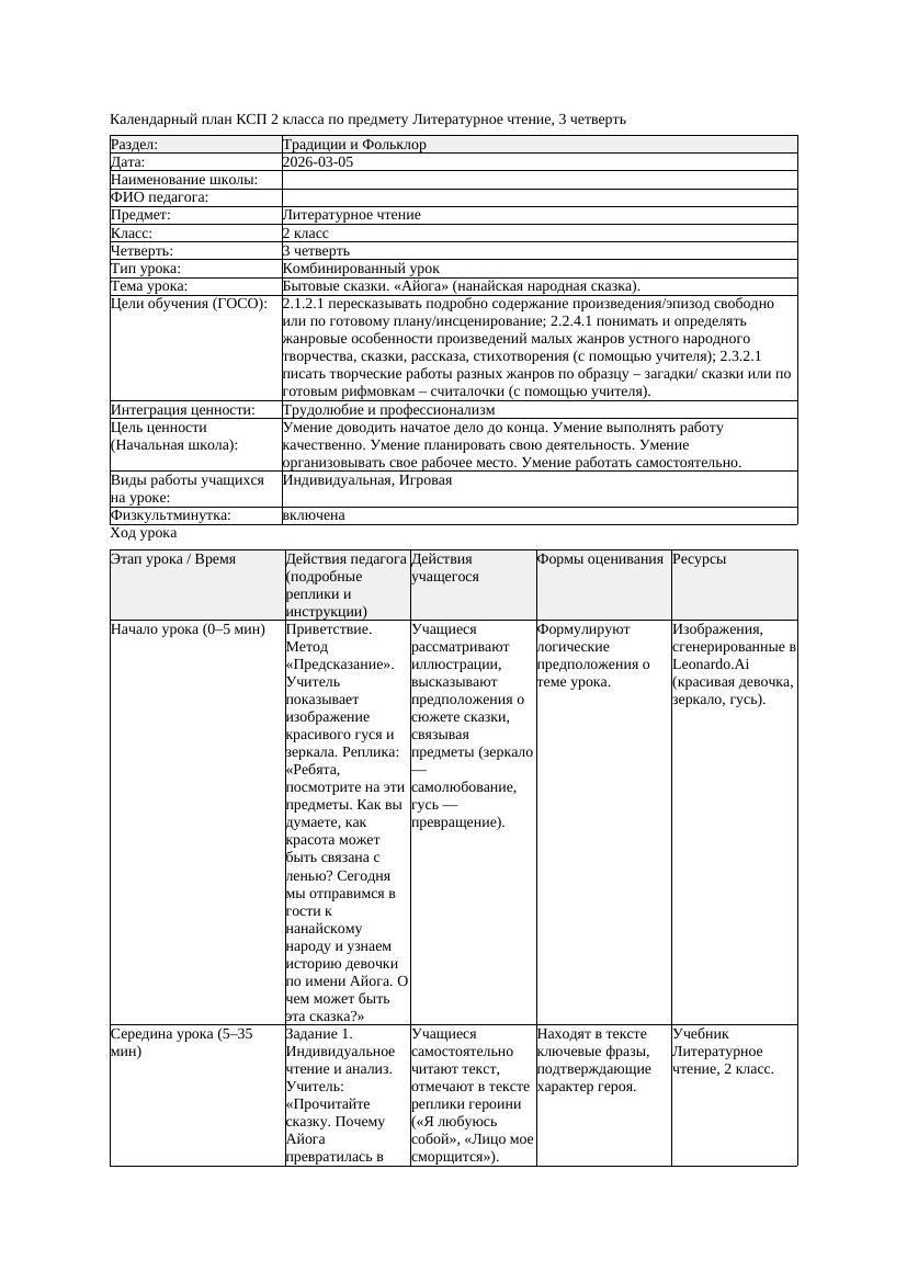 КСП Литературное чтение 2класс 3 четверть Бытовые сказки Айога нанайская