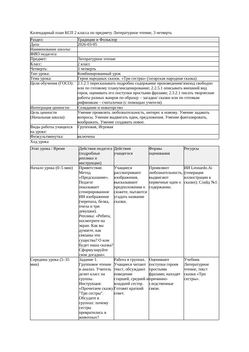 КСП Литературное чтение 2класс 3 четверть Герои народных сказок