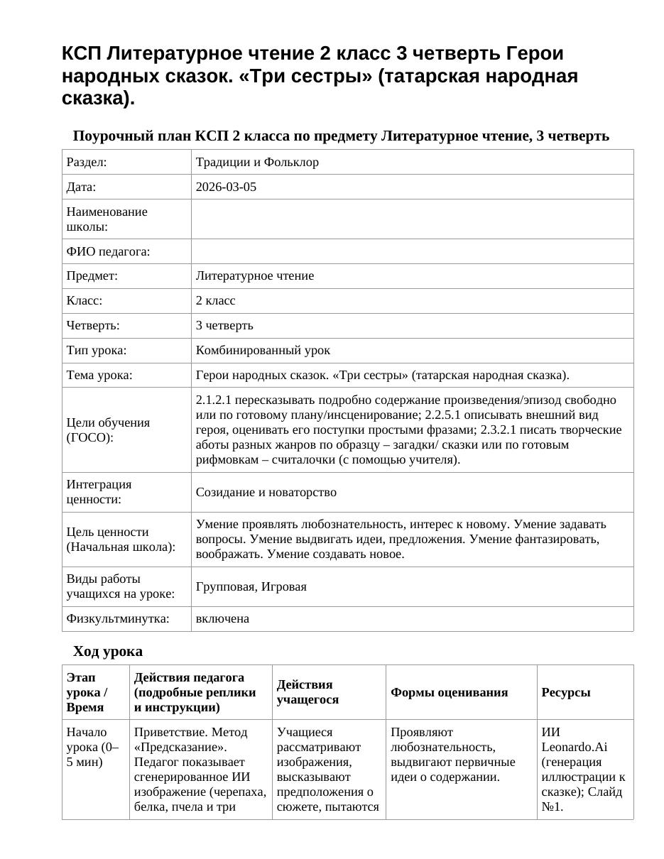 КСП Литературное чтение 2 класс 3 четверть Герои народных сказок. «Три сестры» (татарская народная сказка).
