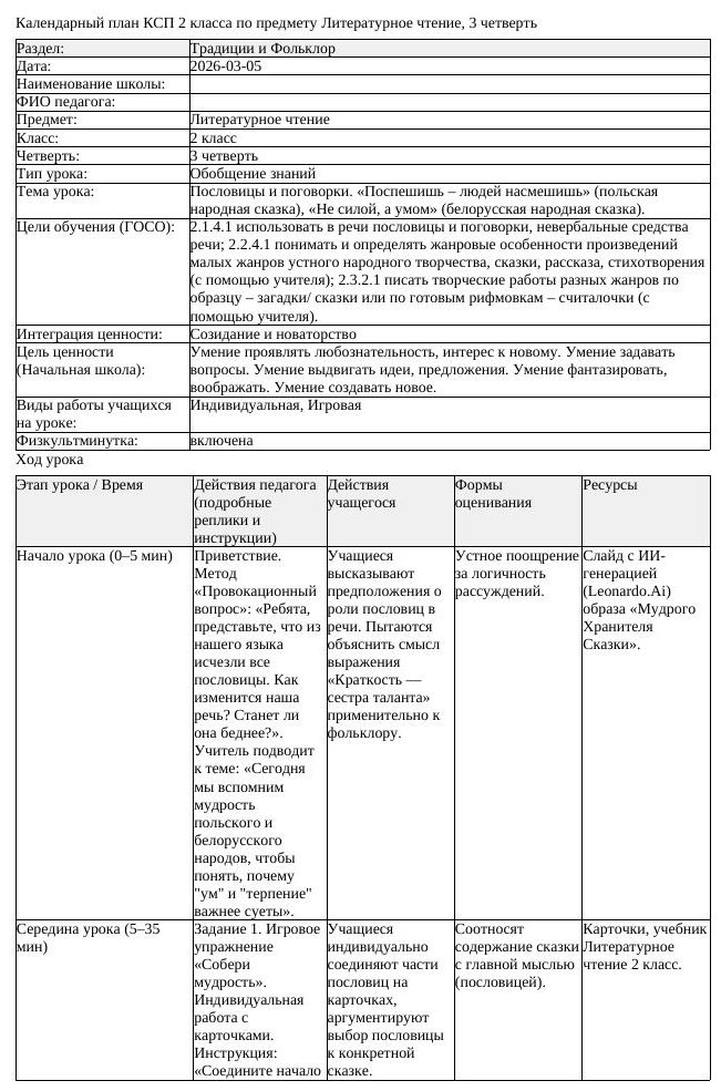 КСП Литературное чтение 2класс 3 четверть Пословицы и поговорки