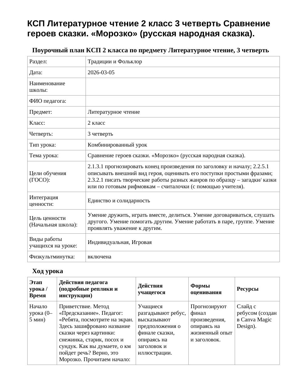 КСП Литературное чтение 2 класс 3 четверть Сравнение героев сказки. «Морозко» (русская народная сказка).
