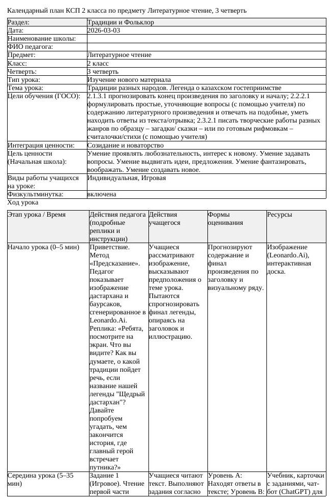 КСП Литературное чтение 2класс 3 четверть Традиции разных народов