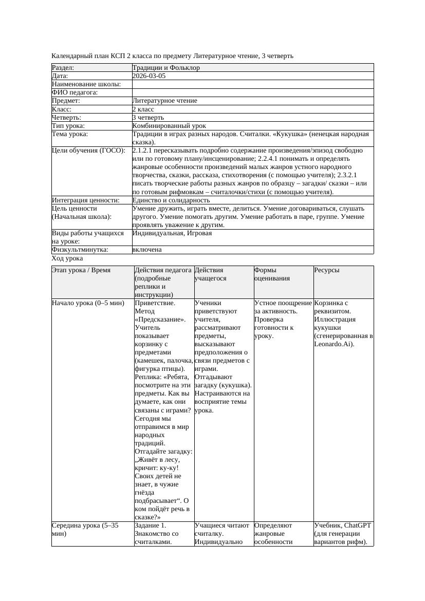 КСП Литературное чтение 2класс 3 четверть Традиции в играх разных
