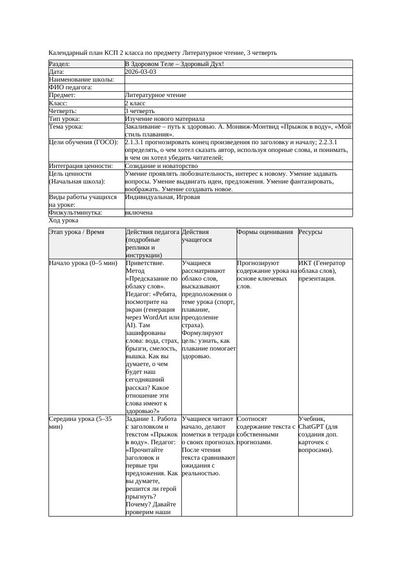 КСП Литературное чтение 2класс 3 четверть Закаливание путь к здоровью