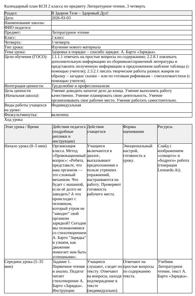 КСП Литературное чтение 2класс 3 четверть Здоровье в порядке спасибо