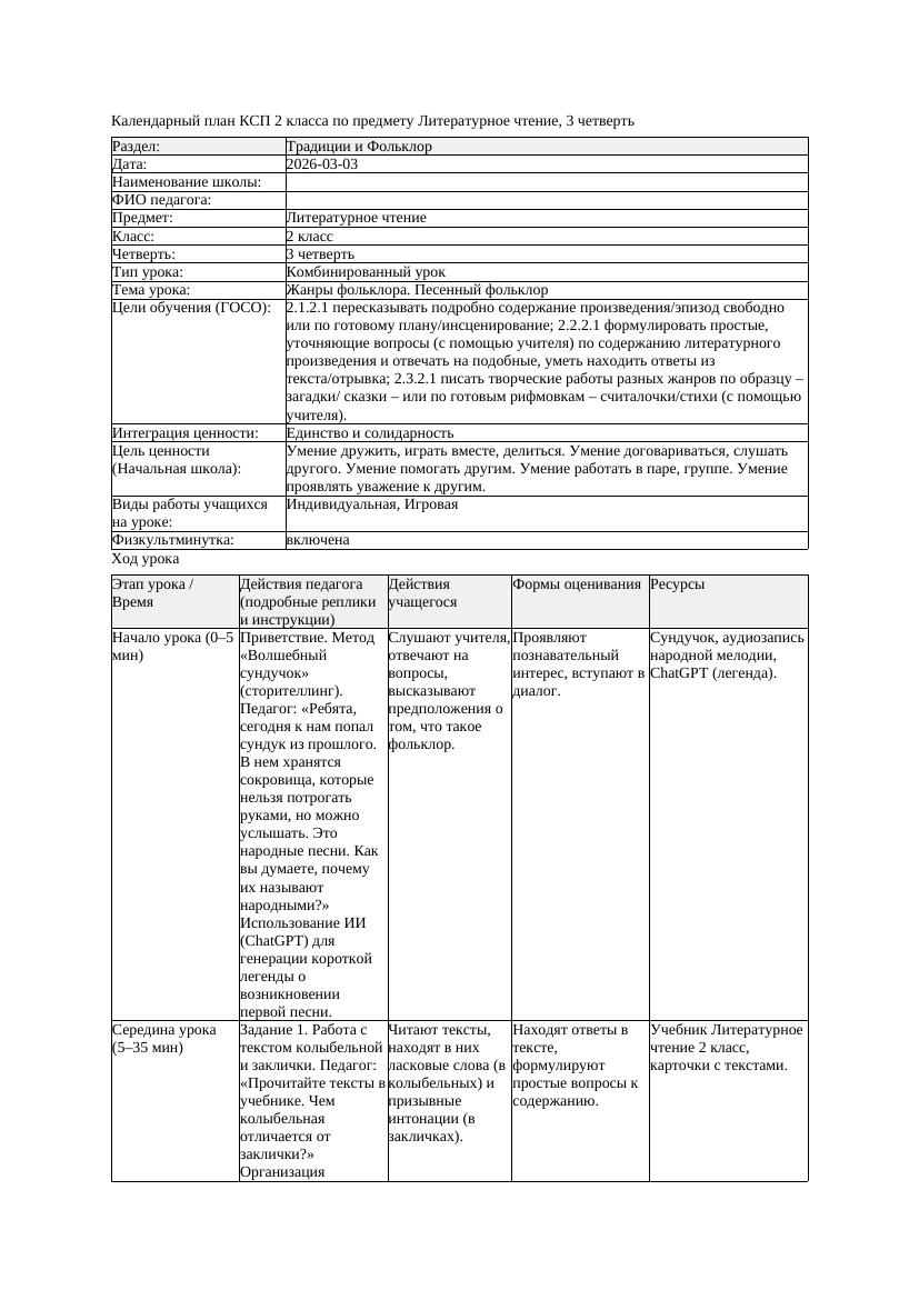 КСП Литературное чтение 2класс 3 четверть Жанры фольклора Песенный