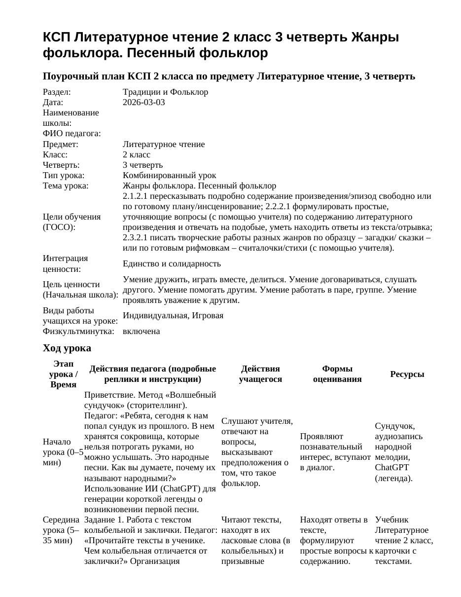 КСП Литературное чтение 2 класс 3 четверть Жанры фольклора. Песенный фольклор