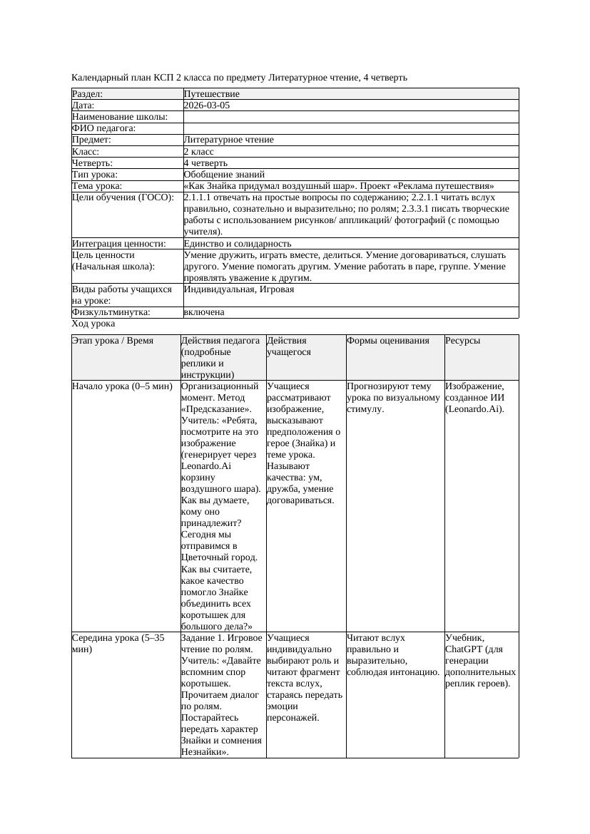 КСП Литературное чтение 2класс 4 четверть Как Знайка придумал воздушный