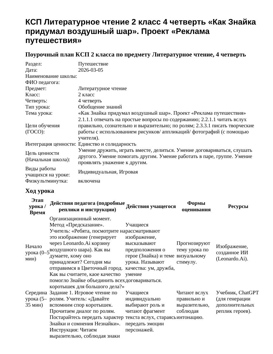 КСП Литературное чтение 2 класс 4 четверть «Как Знайка придумал воздушный шар». Проект «Реклама путешествия»