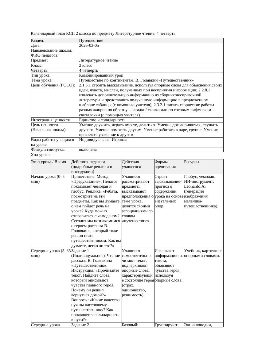 КСП Литературное чтение 2класс 4 четверть Путешествие по континентам