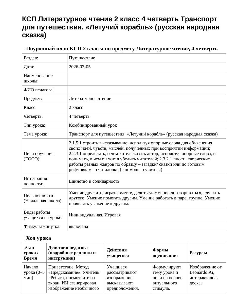 КСП Литературное чтение 2 класс 4 четверть Транспорт для путешествия. «Летучий корабль» (русская народная сказка)