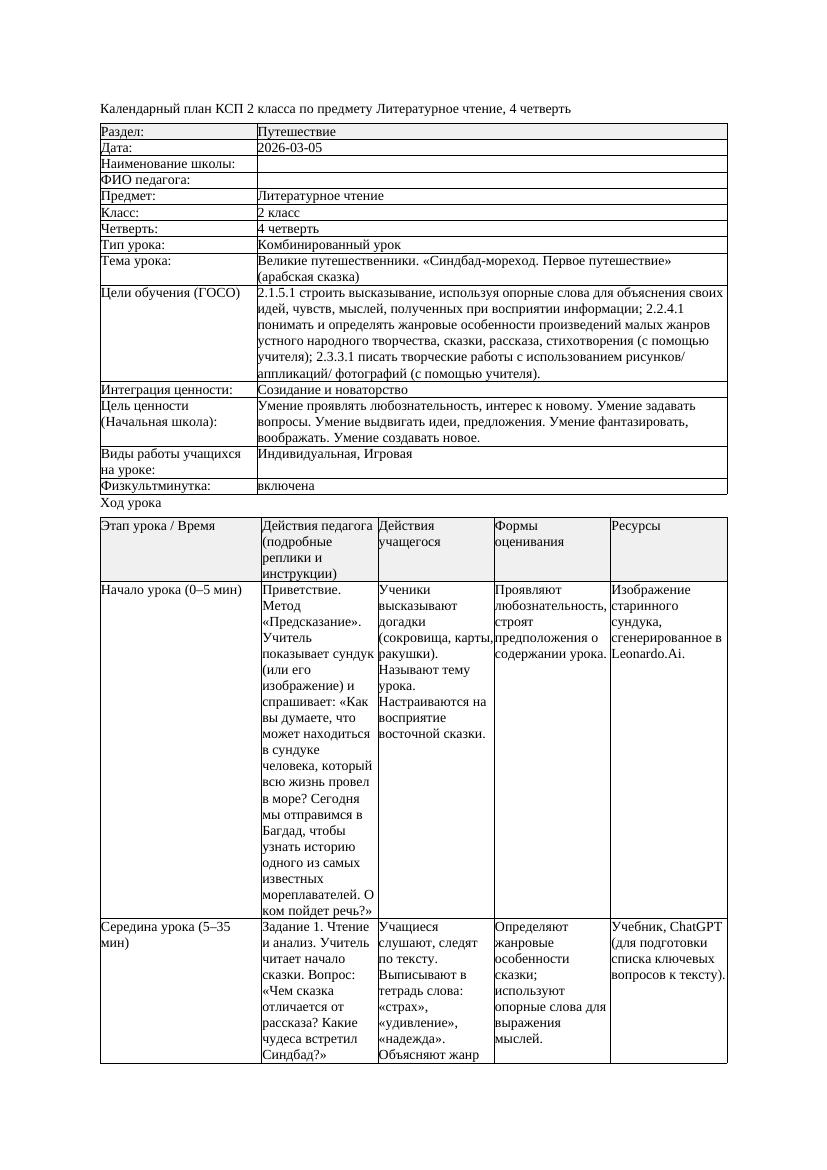 КСП Литературное чтение 2класс 4 четверть Великие путешественники