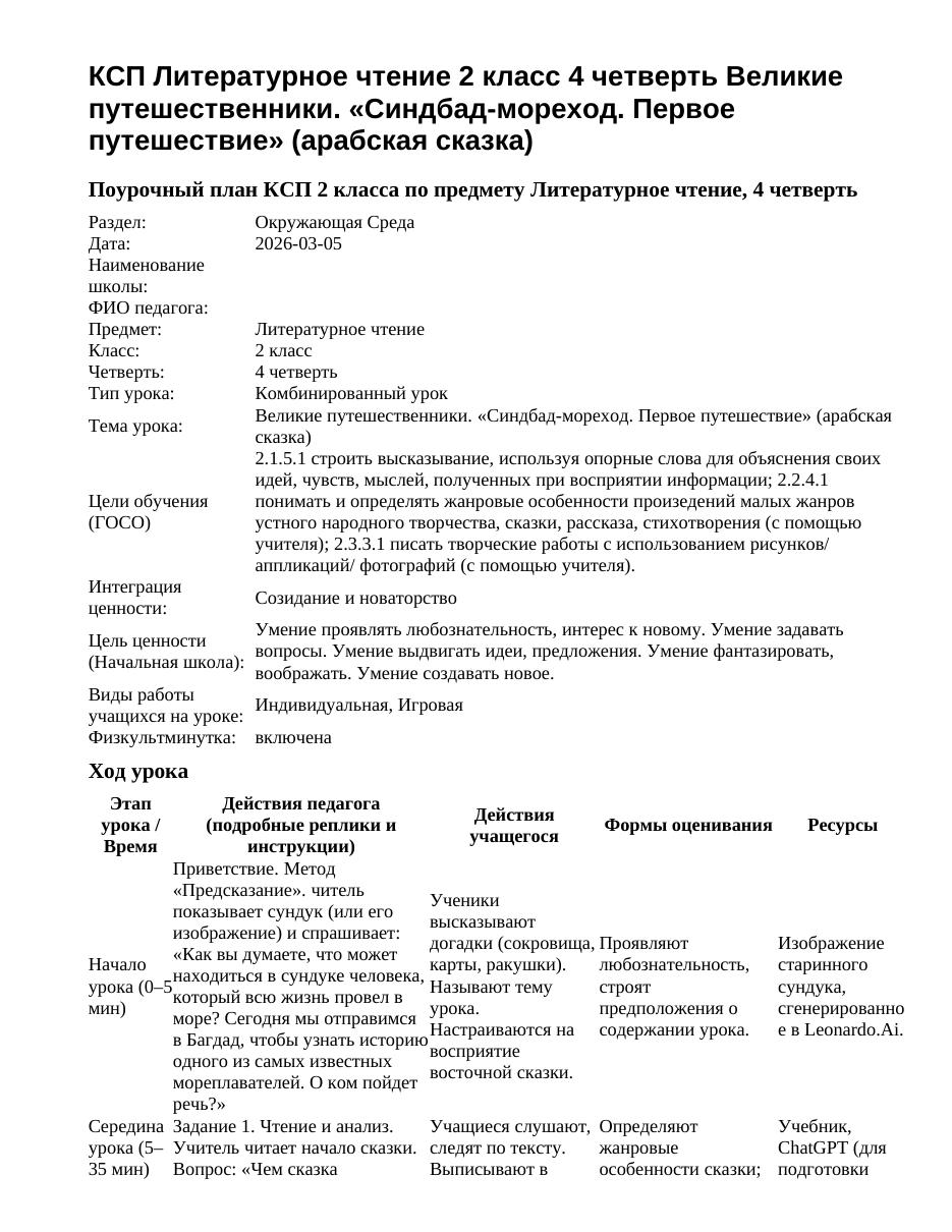 КСП Литературное чтение 2 класс 4 четверть Великие путешественники. «Синдбад-мореход. Первое путешествие» (арабская сказка)