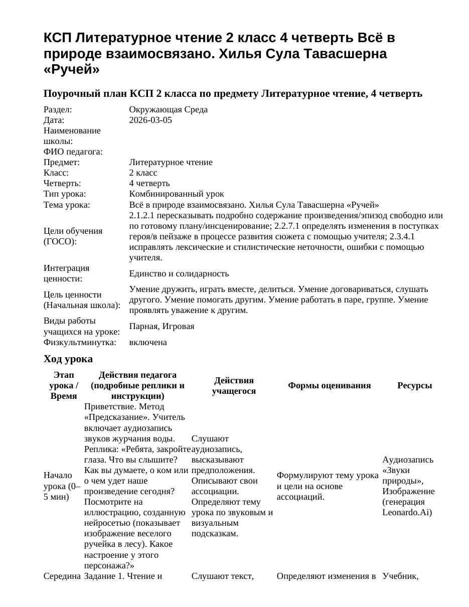 КСП Литературное чтение 2 класс 4 четверть Всё в природе взаимосвязано. Хилья Сула Тавасшерна «Ручей»
