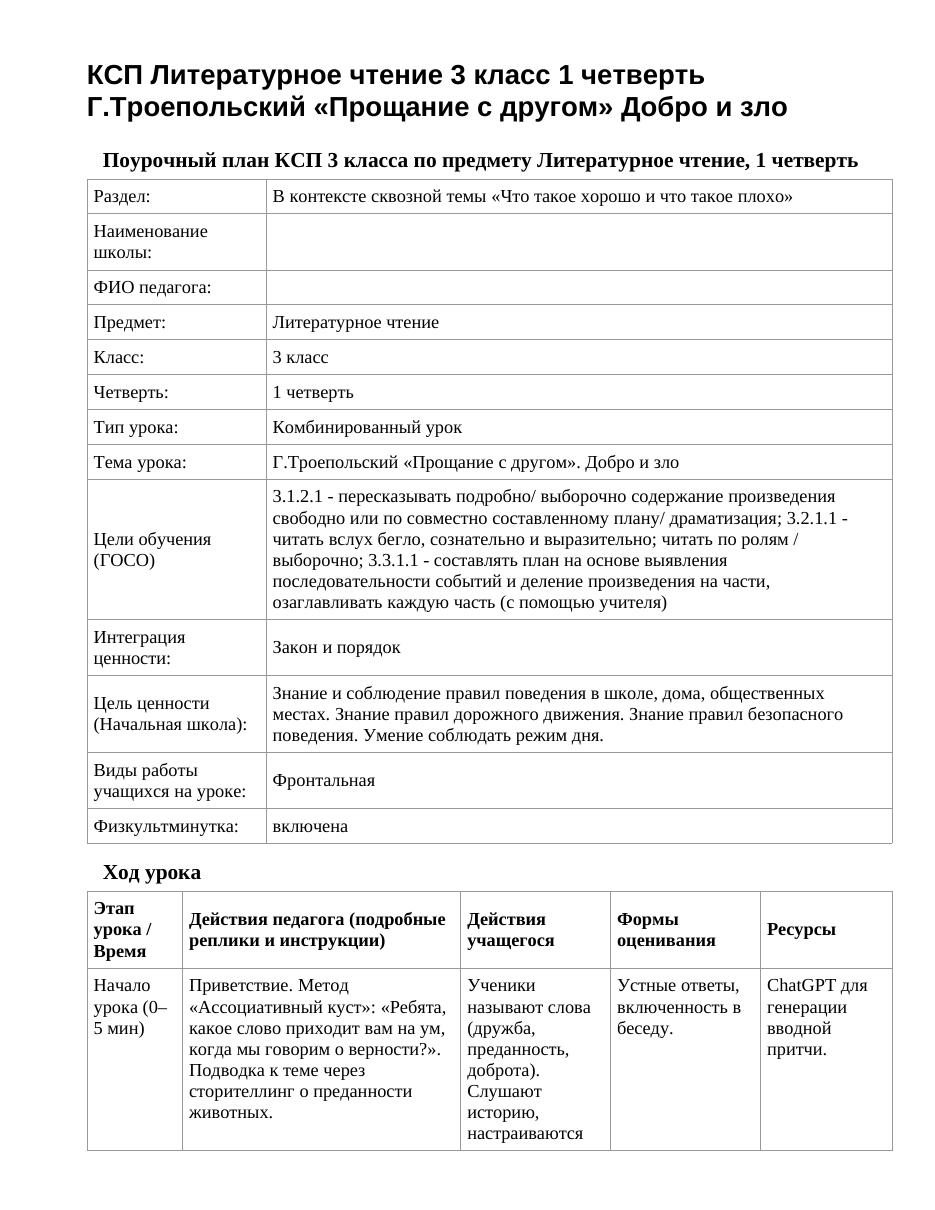 КСП Литературное чтение 3 класс 1 четверть Г.Троепольский «Прощание с другом» Добро и зло