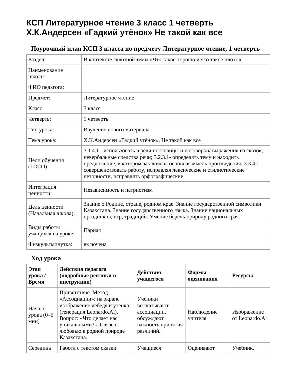 КСП Литературное чтение 3 класс 1 четверть Х.К.Андерсен «Гадкий утёнок» Не такой как все