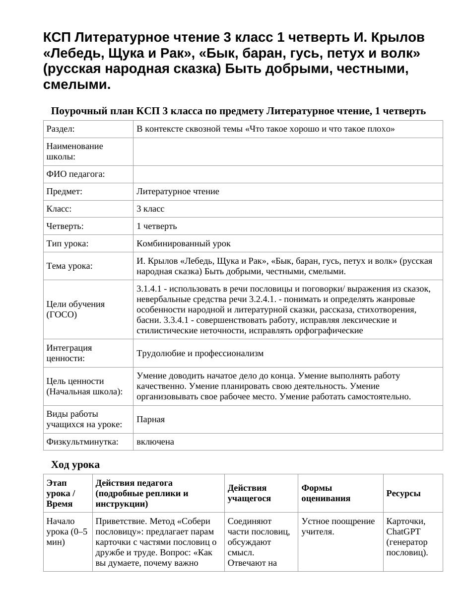 КСП Литературное чтение 3 класс 1 четверть И. Крылов «Лебедь, Щука и Рак», «Бык, баран, гусь, петух и волк» (русская народная сказка) Быть добрыми, честными, смелыми.