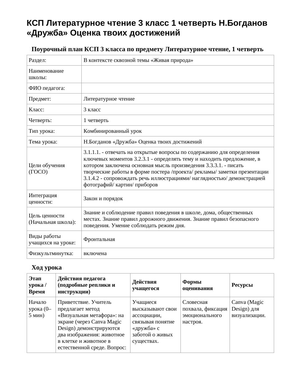 КСП Литературное чтение 3 класс 1 четверть Н.Богданов «Дружба» Оценка твоих достижений