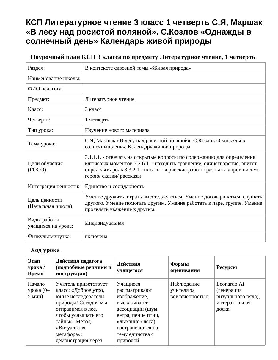 КСП Литературное чтение 3 класс 1 четверть С.Я, Маршак «В лесу над росистой поляной». С.Козлов «Однажды в солнечный день» Календарь живой природы